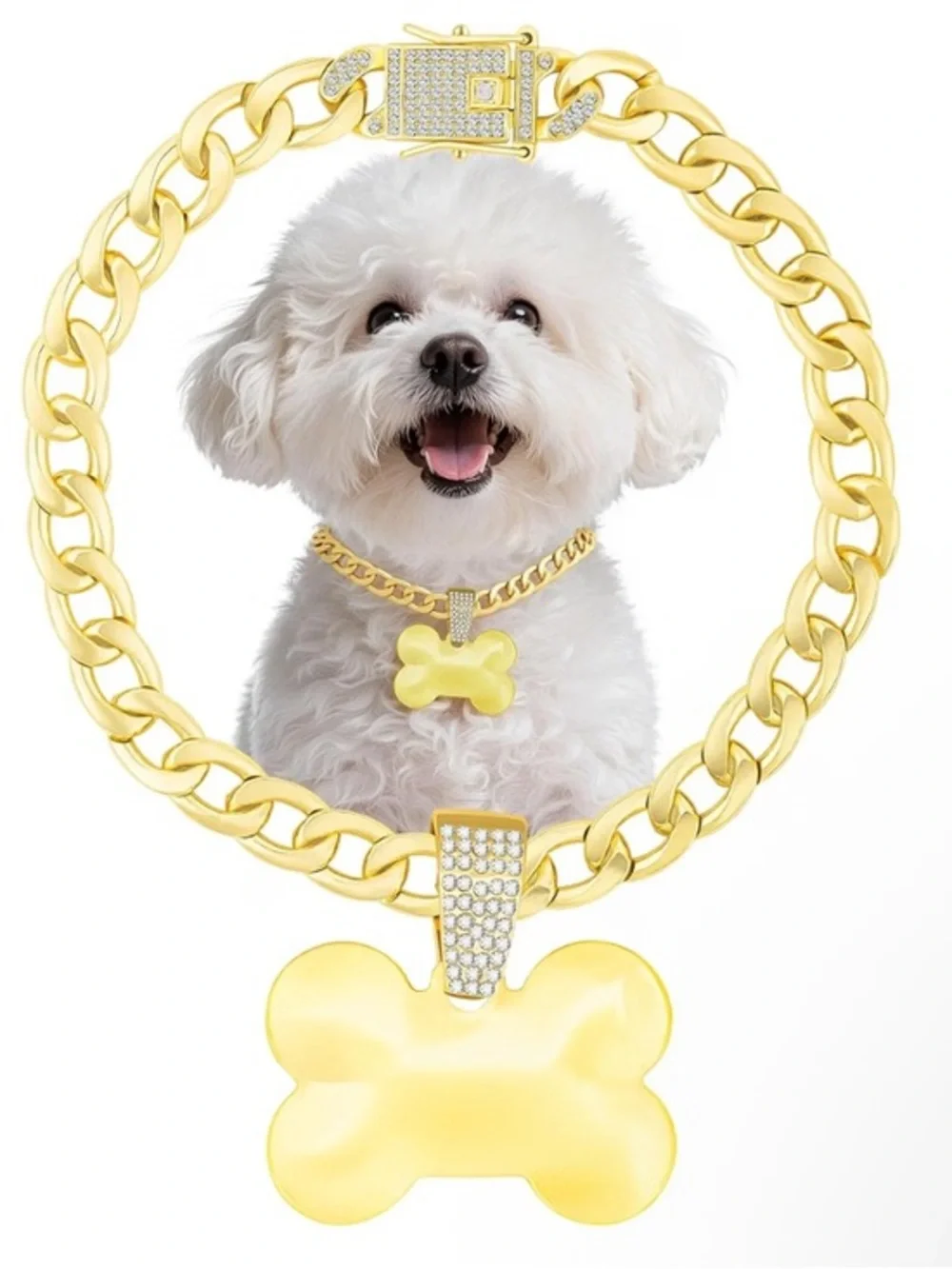 Cuban Gold Link Heavy Duty Dog Necklace - 8in, Bone-Shaped Polished